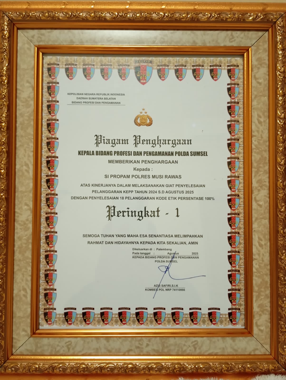 Bukti Profesionalisme Jalankan Tugas, Kasi Propam Polres Musi Rawas Terima Penghargaan Peringkat I Dari Kabid Propam Polda Sumsel