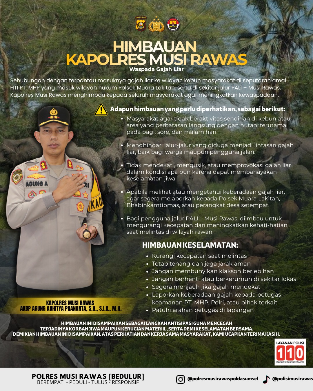 Kapolres Musi Rawas Himbau Warga dan Pengendara Waspada Kemunculan Gajah Liar di Muara Lakitan