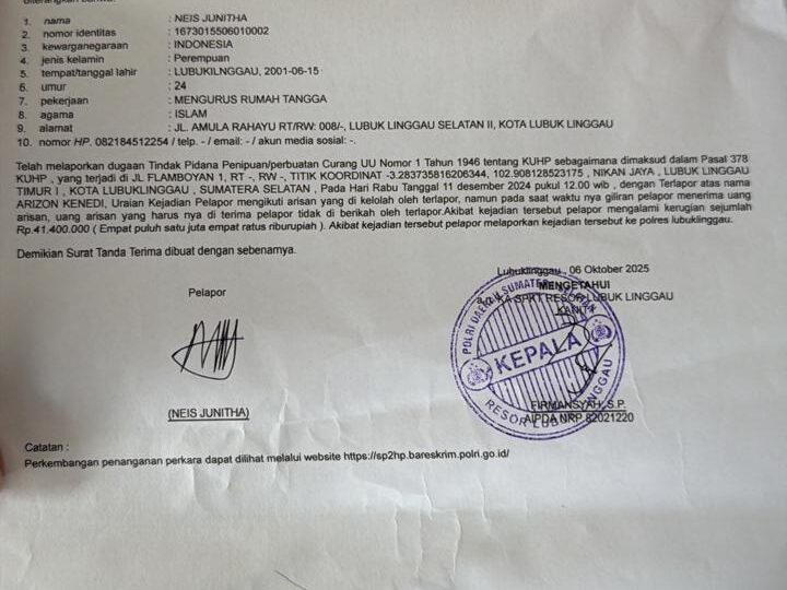 Kasus Dugaan Penipuan Arisan Rp40 Juta di Lubuklinggau Belum Jelas, Korban Desak Penetapan Tersangka